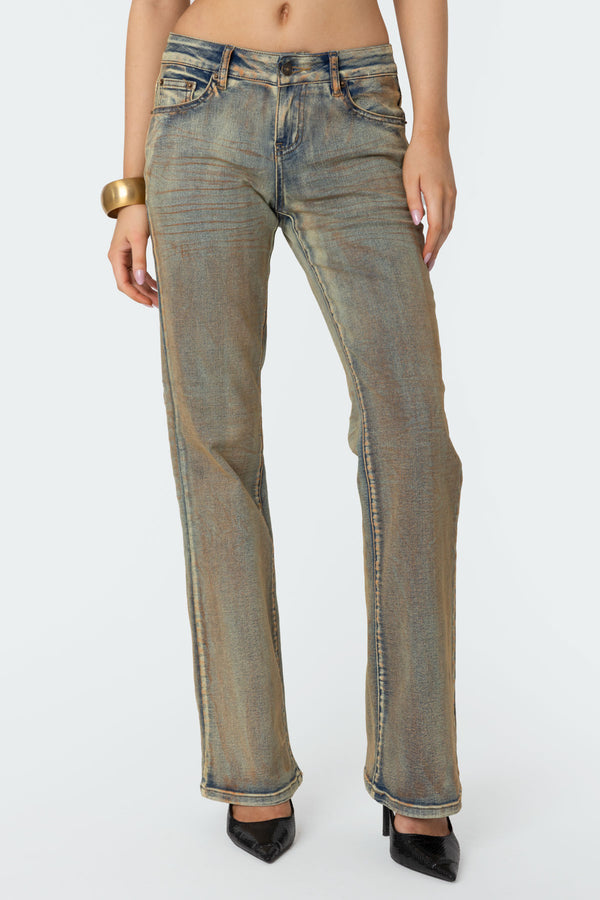 Edikted Boot Cut Low Rise Mud Washed Jeans Blue Vintage Washed