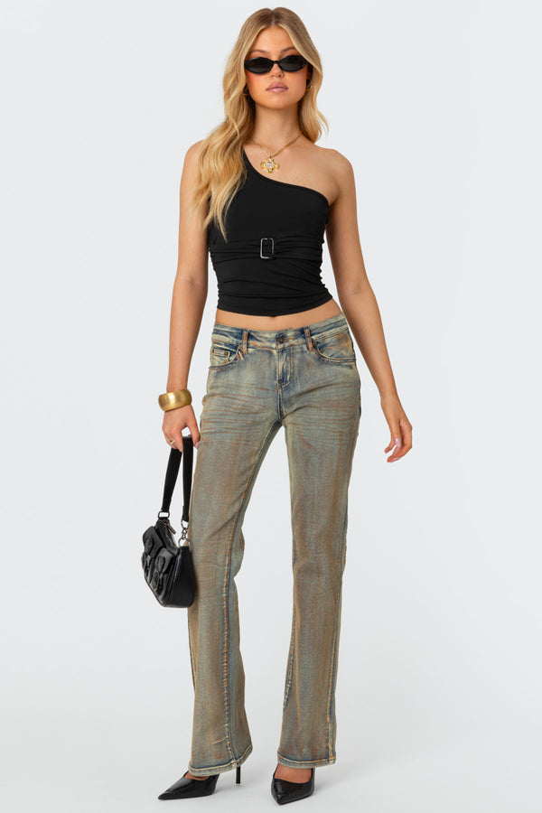 edikted Boot Cut Low Rise Mud Washed Jeans blue vintage washed