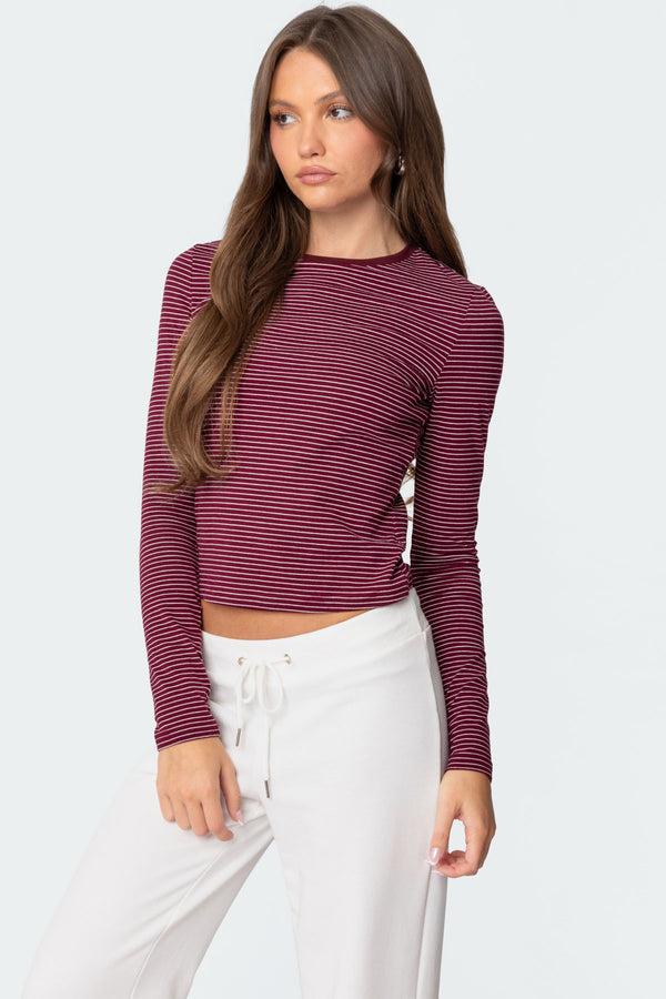 Edikted Brianna Striped Long Sleeve T Shirt Burgundy