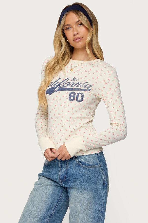 Edikted Cali Floral Ribbed Long Sleeve T Shirt Cream