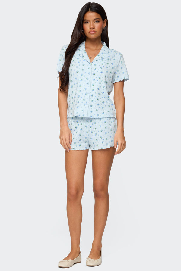 Edikted Camden Floral Pointelle Button Up Shirt Light Blue