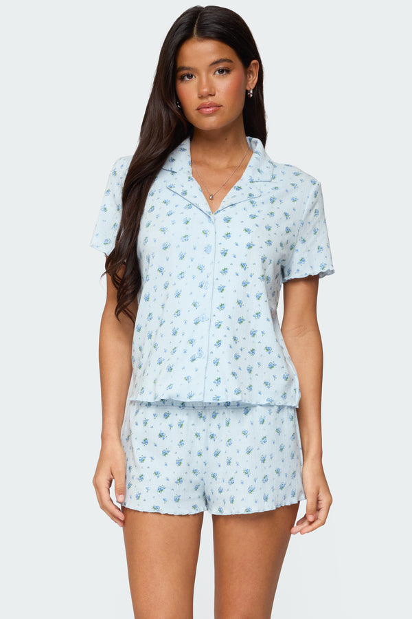 edikted Camden Floral Pointelle Button Up Shirt light blue