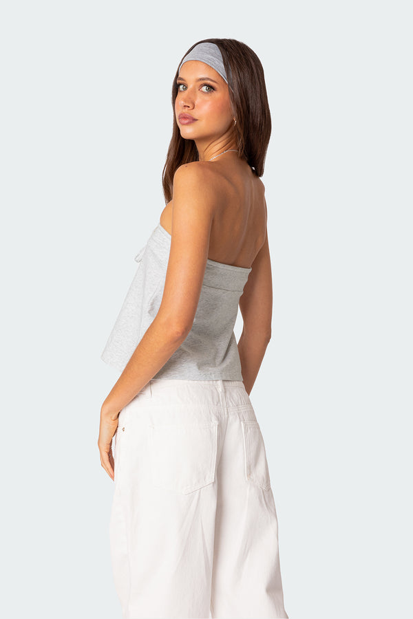 Edikted Caroline Tie Front Strapless Top Gray Melange