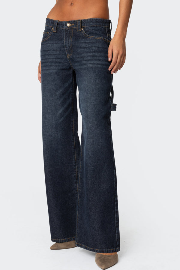 Edikted Carpenter Low Rise Jeans Indigo Blue Raw Washed