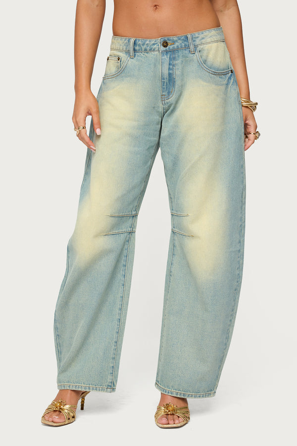 Edikted Cayden Low Rise Washed Barrel Jeans Blue Vintage Washed