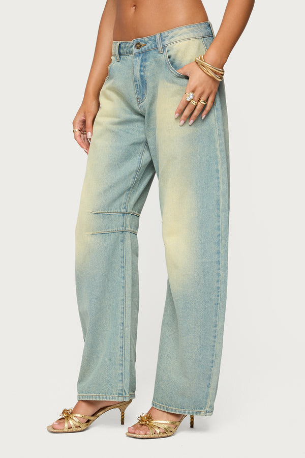 Edikted Cayden Low Rise Washed Barrel Jeans Blue Vintage Washed