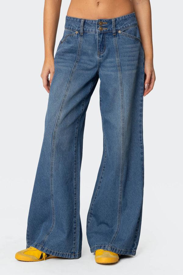Edikted Charlie Panel Stitch Low Rise Jeans Blue Washed
