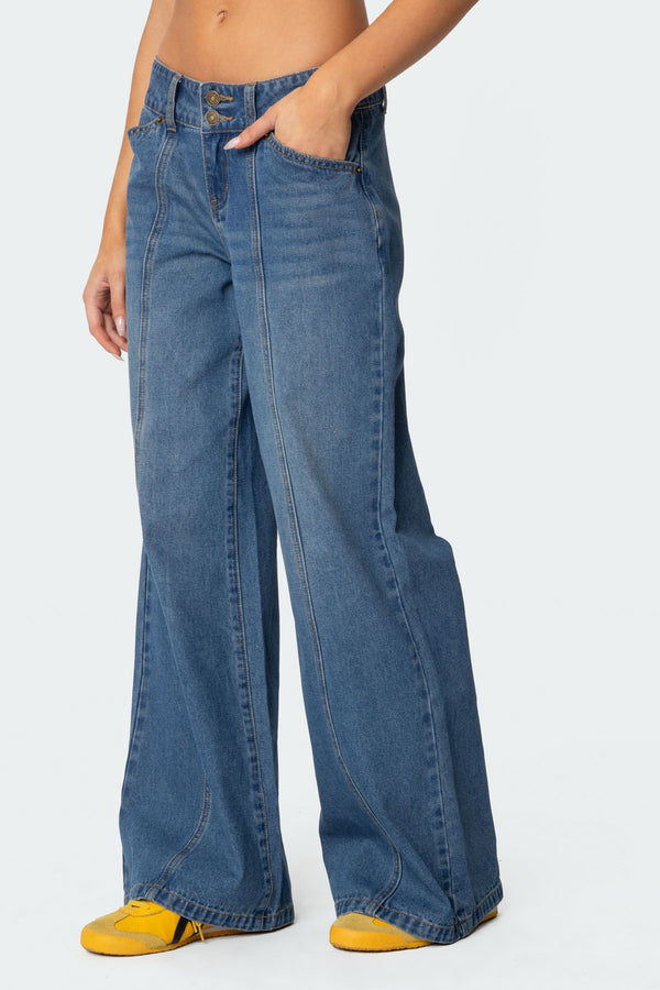 Edikted Charlie Panel Stitch Low Rise Jeans Blue Washed