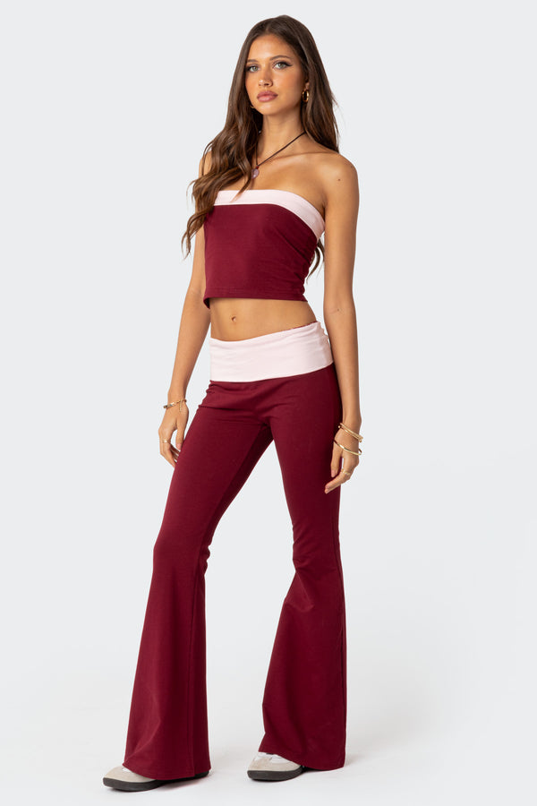 edikted Contrast Fold Over Flared Leggings burgundy