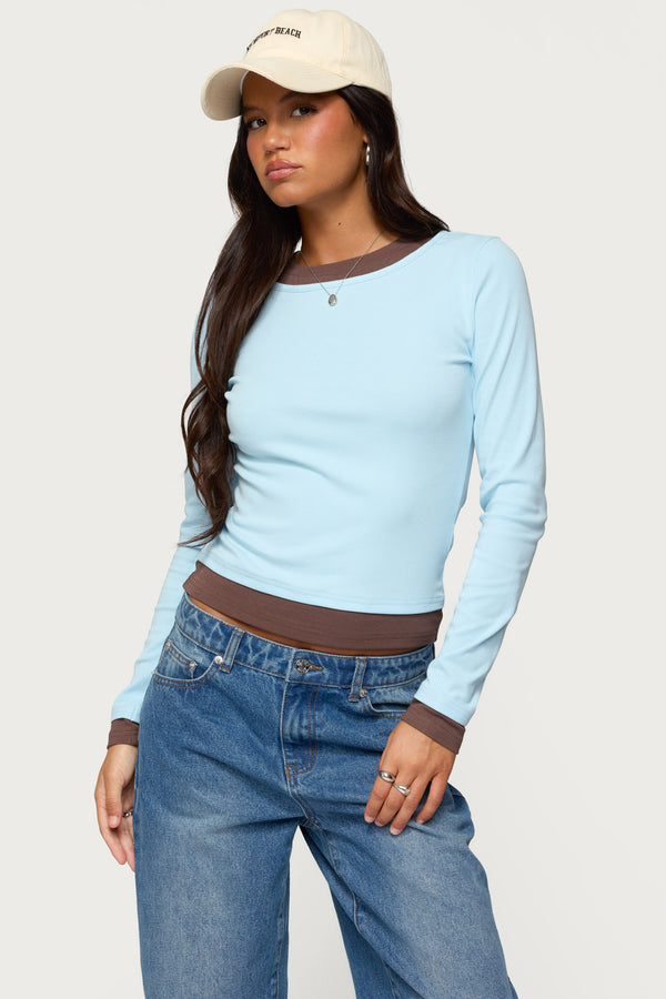 edikted Contrast Layered Look Long Sleeve T Shirt light blue