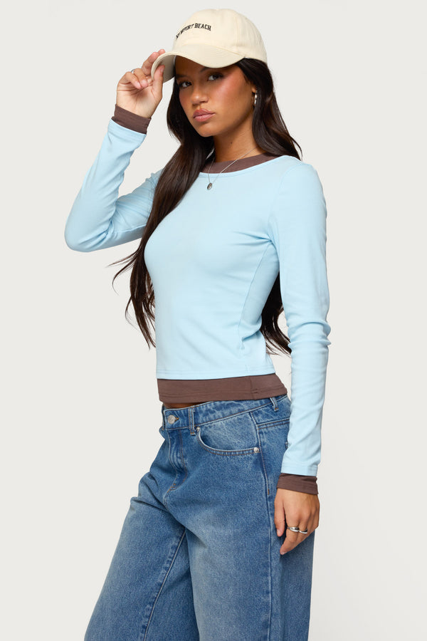 Edikted Contrast Layered Look Long Sleeve T Shirt Light Blue