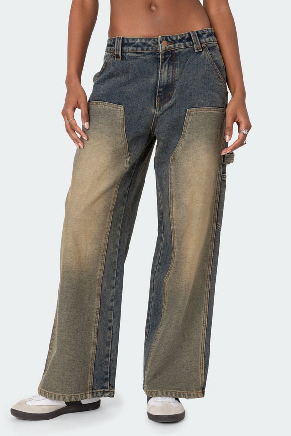 Edikted Contrast Panel Low Rise Washed Jeans Blue Washed