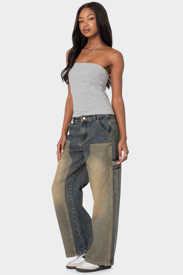 Edikted Contrast Panel Low Rise Washed Jeans Blue Washed