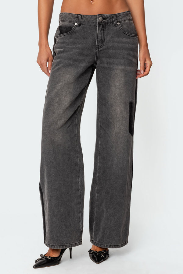 Edikted Contrast Pocket Washed Low Rise Jeans Black Washed