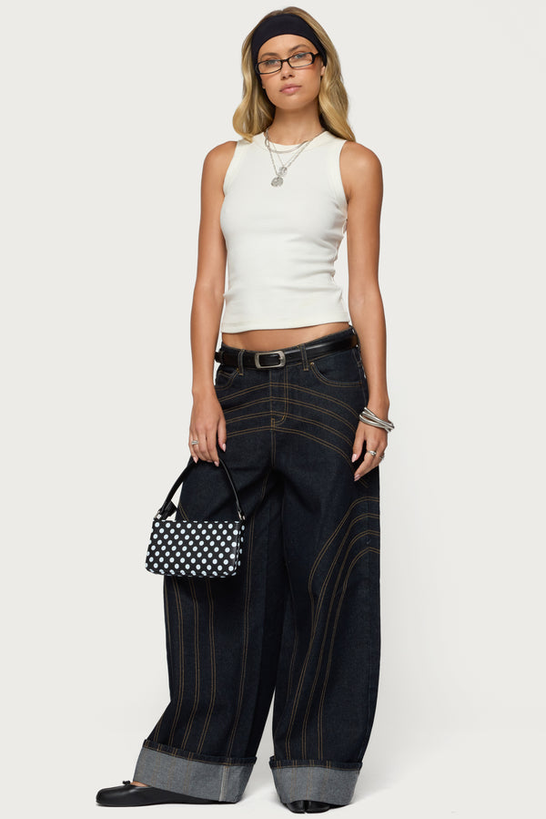 edikted Cuffed Low Rise Wide Leg Jeans indigo blue raw washed