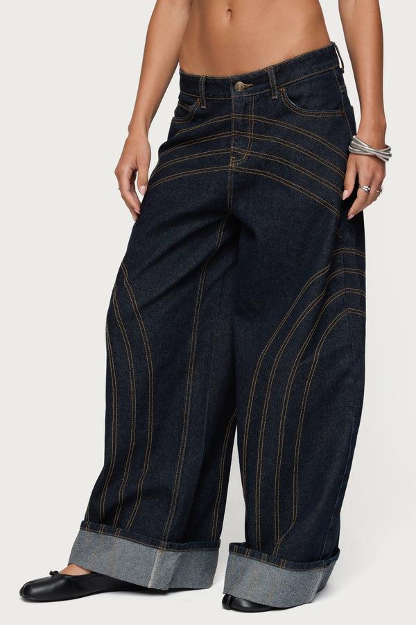 Edikted Cuffed Low Rise Wide Leg Jeans Indigo Blue Raw Washed