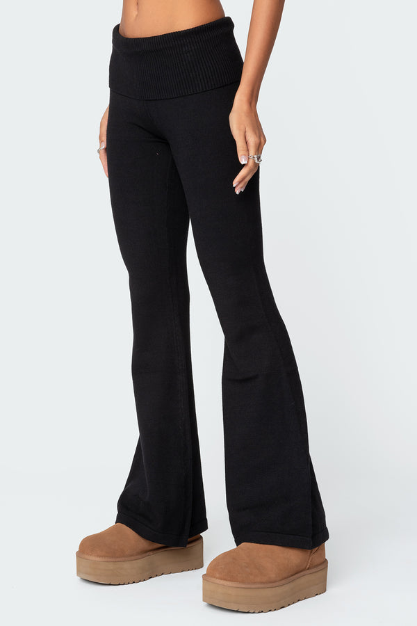 Edikted Desiree Knitted Low Rise Fold Over Pants Black