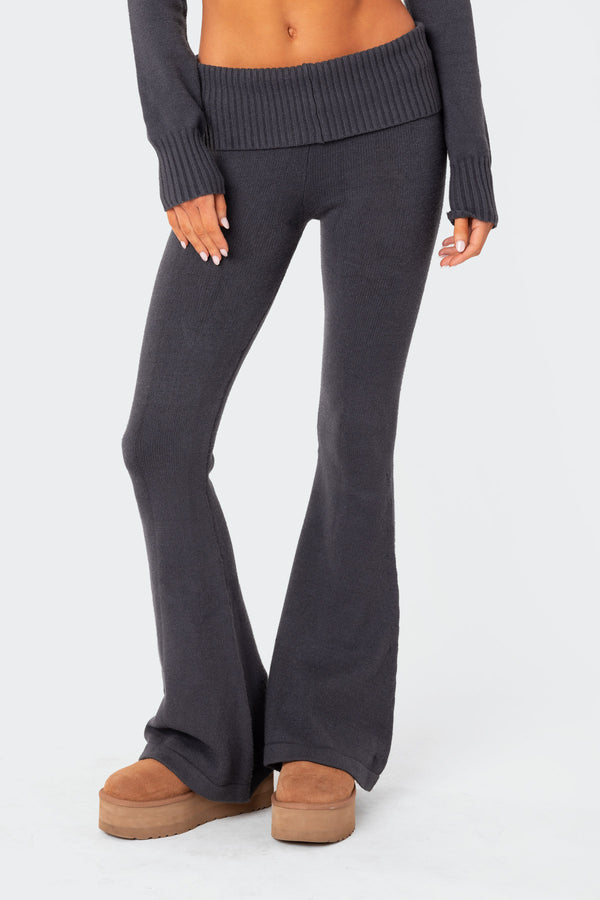 Edikted Desiree Knitted Low Rise Fold Over Pants Dark Blue