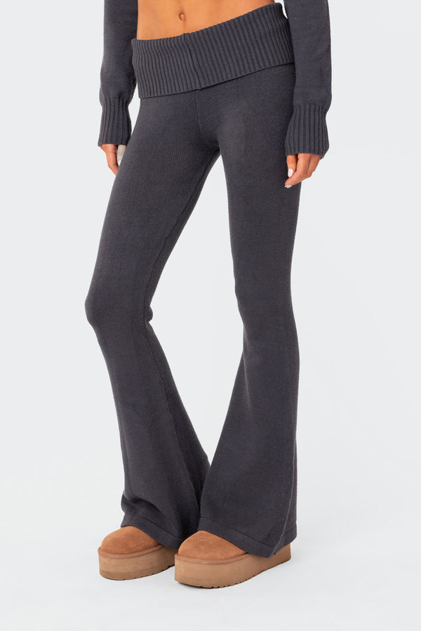 Edikted Desiree Knitted Low Rise Fold Over Pants Dark Blue