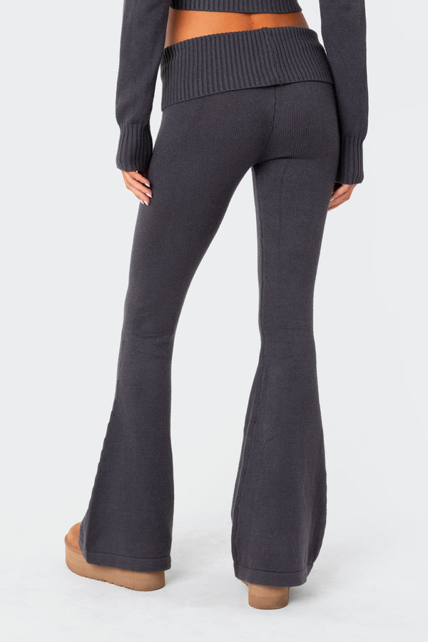 Edikted Desiree Knitted Low Rise Fold Over Pants Dark Blue