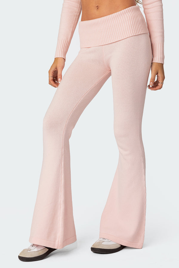 Edikted Desiree Knitted Low Rise Fold Over Pants Light Pink
