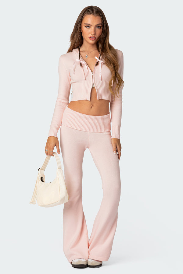 edikted Desiree Knitted Low Rise Fold Over Pants light pink