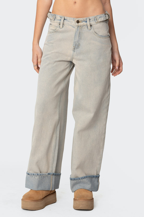Edikted Double Belt Washed Low Rise Jeans Blue Washed
