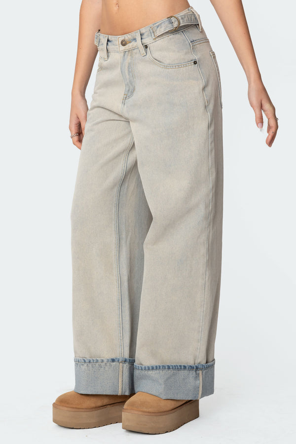 Edikted Double Belt Washed Low Rise Jeans Blue Washed
