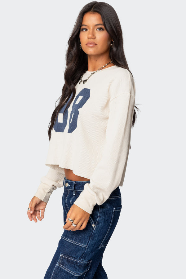 Edikted 88 Waffle Long Sleeve T Shirt Cream