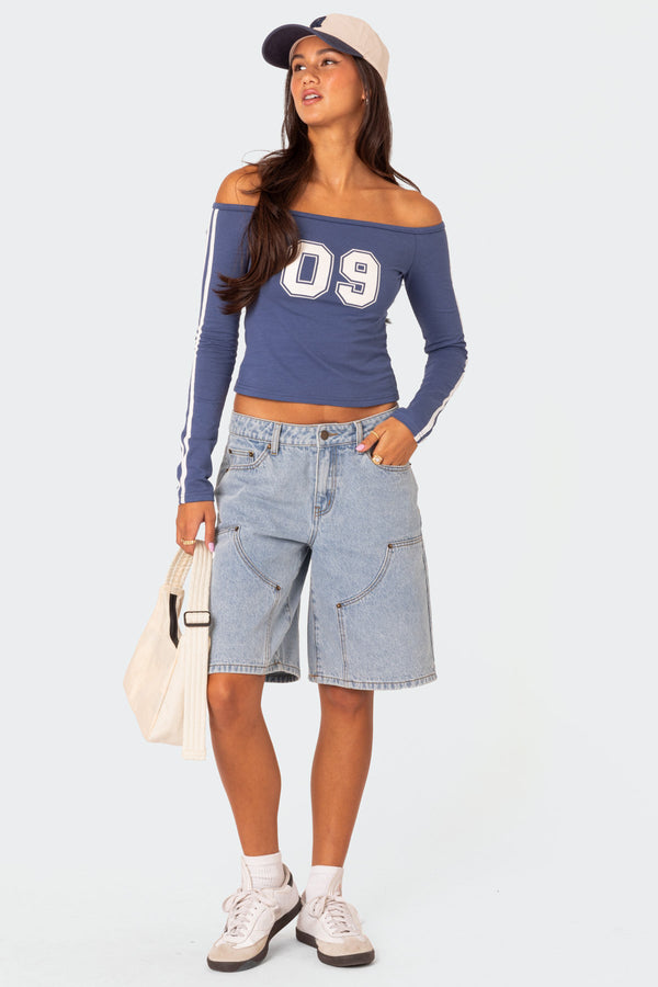 Edikted 90'S Off Shoulder Long Sleeve T Shirt Blue