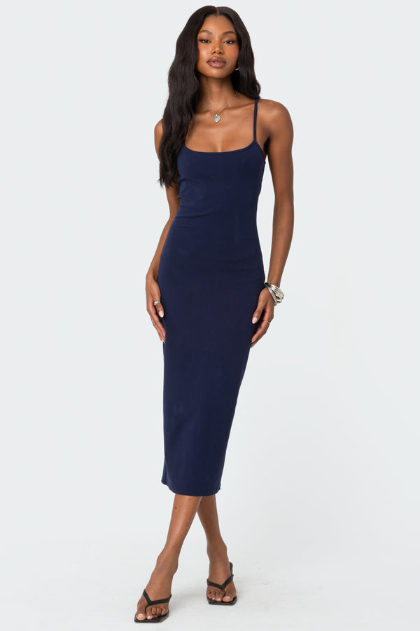 Edikted Air Back Slitted Midi Dress Navy