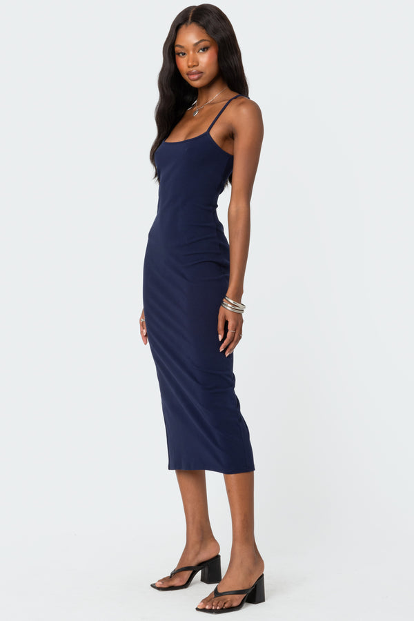 Edikted Air Back Slitted Midi Dress Navy