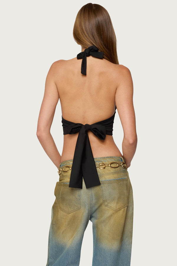 Edikted Aiva Backless Plunge Neck Halter Top Black