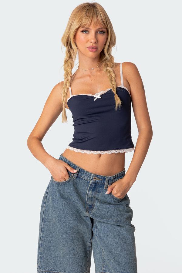 edikted Alara Lace Trim Tank Top navy