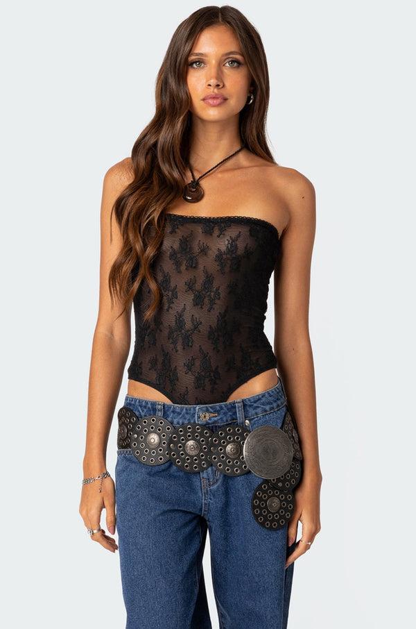edikted Alina Sheer Lace Bodysuit black