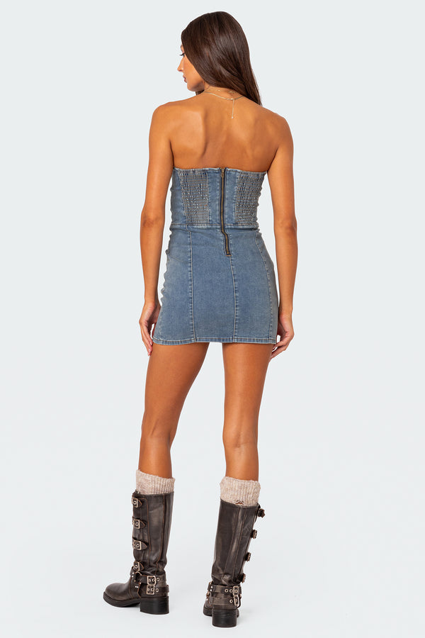Edikted Alissa Denim Mini Dress Light Blue