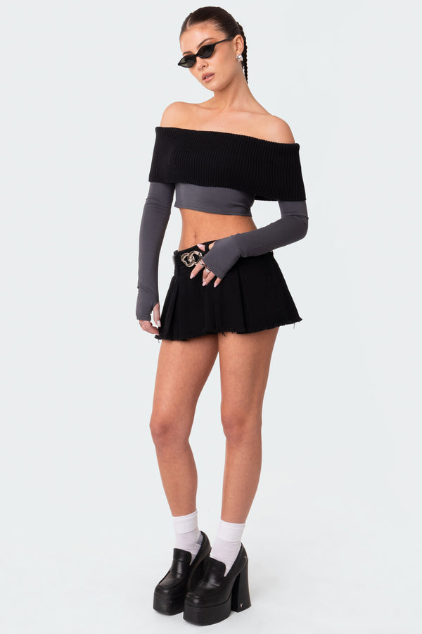 Edikted Alma Off Shoulder Half Knit Top Gray