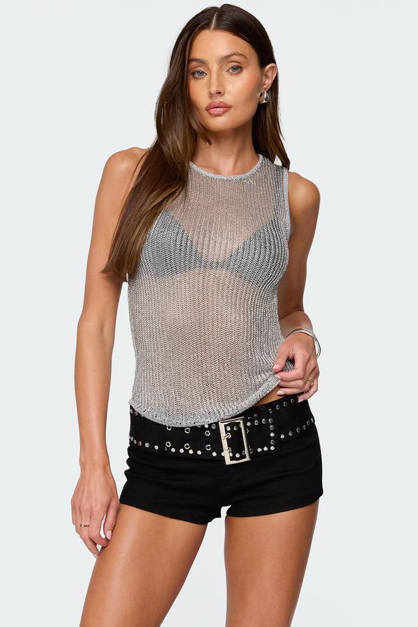 edikted Amalya Shiny Sheer Knit Top silver