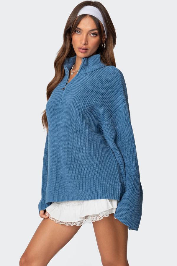 Edikted Amour High Neck Oversized Zip Sweater Blue