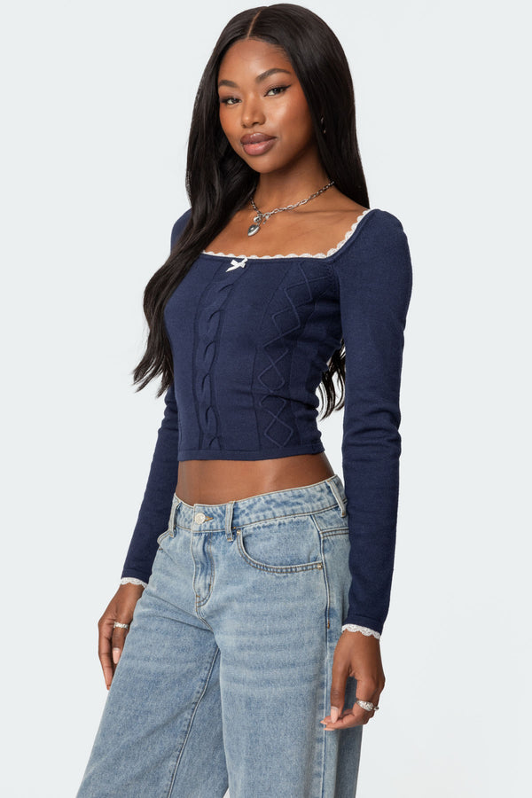 Edikted Ansley Lacey Cable Knit Top Navy