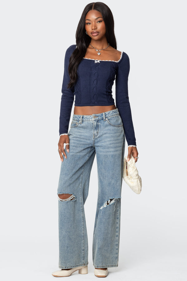 Edikted Ansley Lacey Cable Knit Top Navy