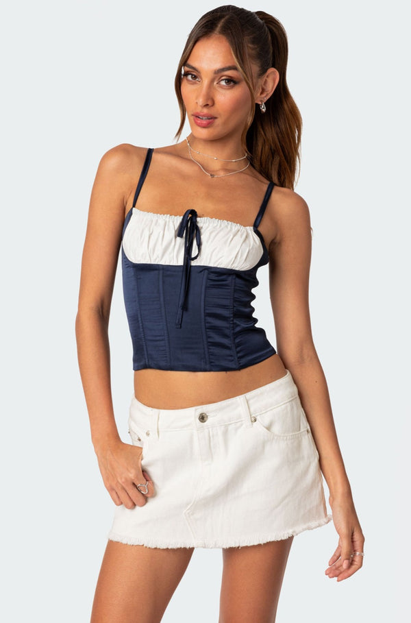 edikted Arabelle Satin Effect Lace Up Corset navy