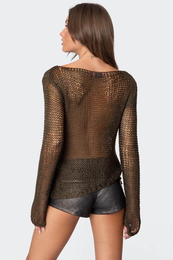 Edikted Asymmetric Open Knit Top Olive
