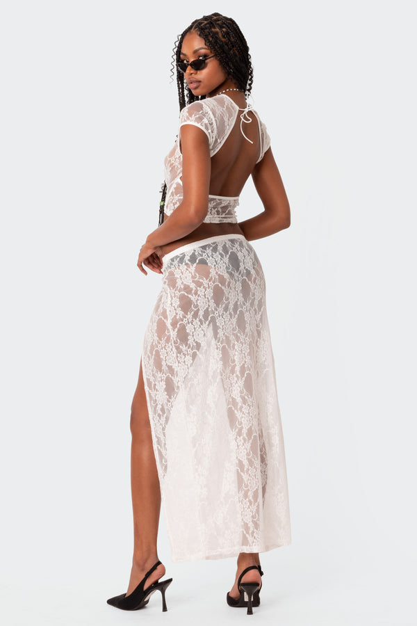 Edikted Aura Open Back Sheer Lace Crop Top White