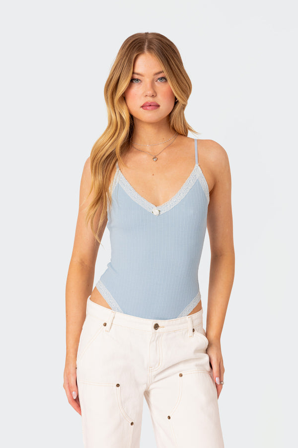 Edikted Aurora Lace Trim Bodysuit Light Blue