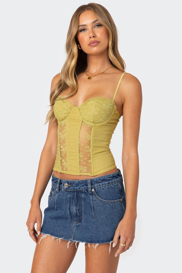 Edikted Avena Linen Look Lacey Corset Green