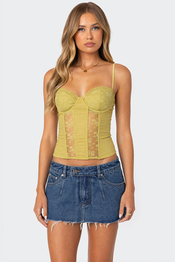 edikted Avena Linen Look Lacey Corset green
