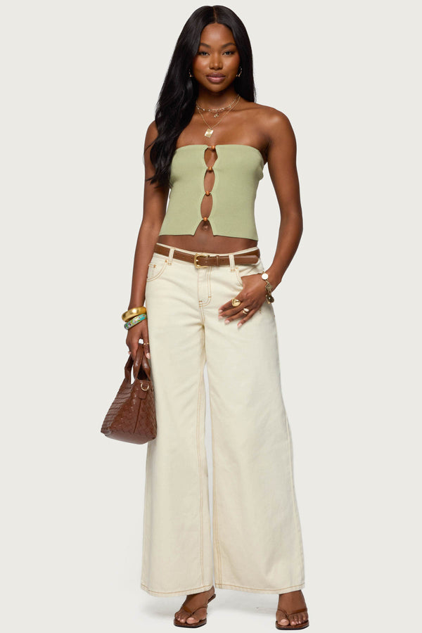 Edikted Bead Cut Out Strapless Knit Top Sage