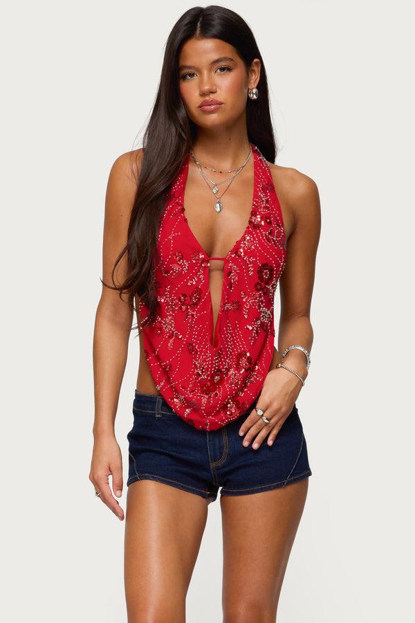 edikted Beaded Chiffon Backless Cowl Neck Top red