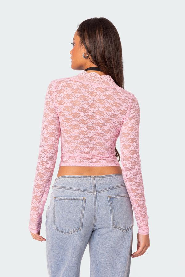 Edikted Beck Plunge Neck Sheer Lace Top Pink